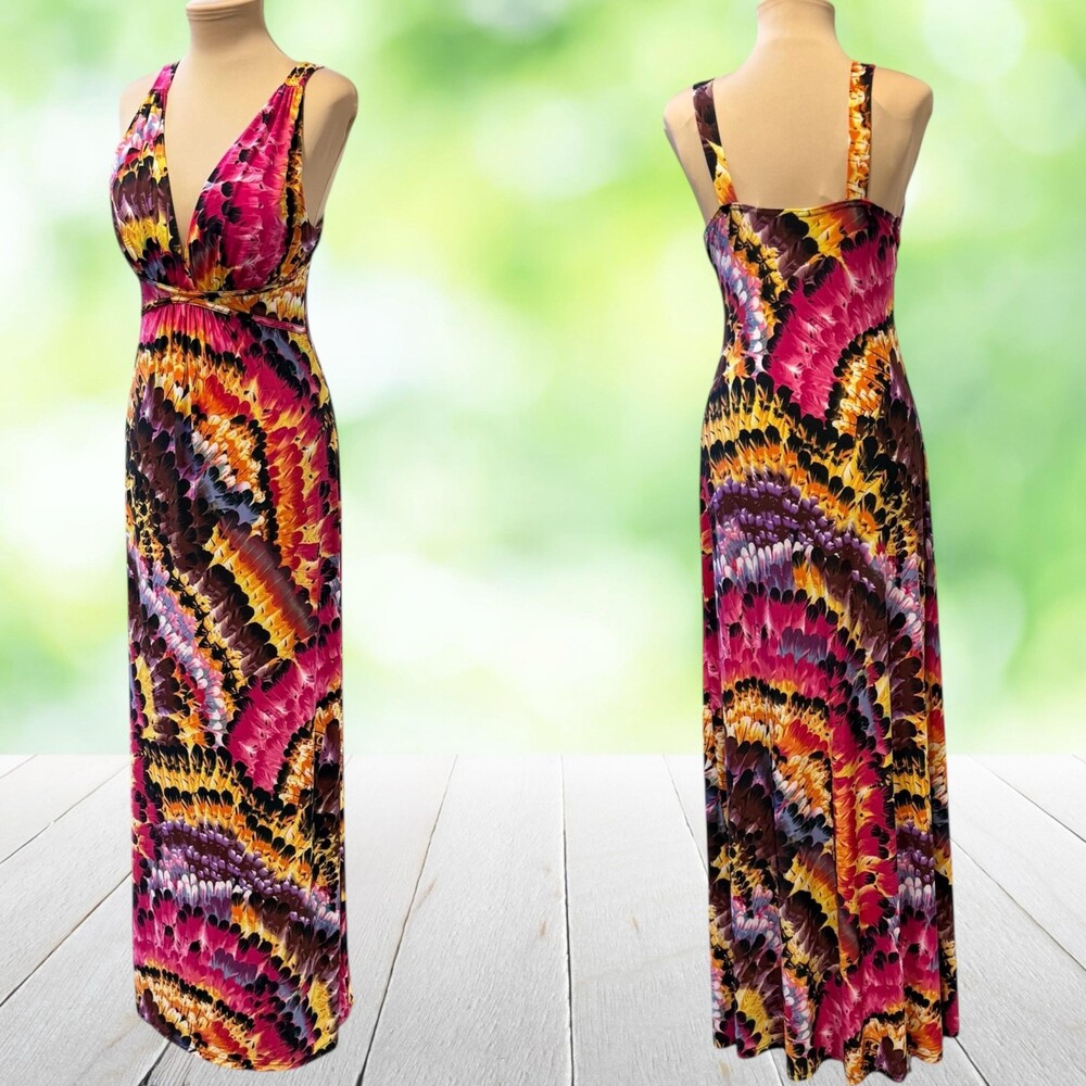 Retro Feather Print Maxi Dress Slinky Psychedelic Plunge Resort Festival Size M